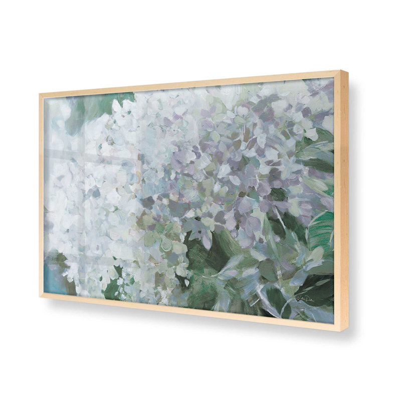 Motif d'hortensias luxuriant, H 12 po x l 15 po, Reproduction encadrée sans passe-partout, Érable brut