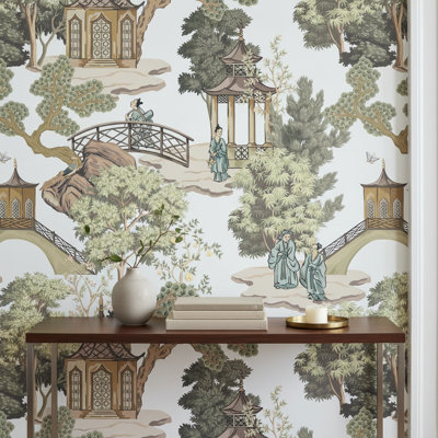 Traditional Chinoiserie Wallpaper Pagoda Serene Mural