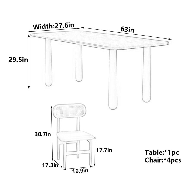 Table de salle à manger rectangulaire en bois massif, pieds robustes, H 29,5 po x L 63 po x l 27,6 po