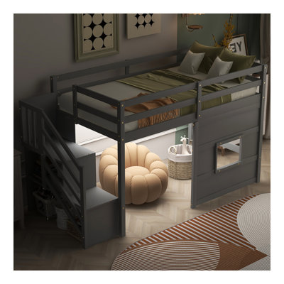 Lit mezzanine simple avec escalier de rangement et fenêtre, avec lumière DEL, gris