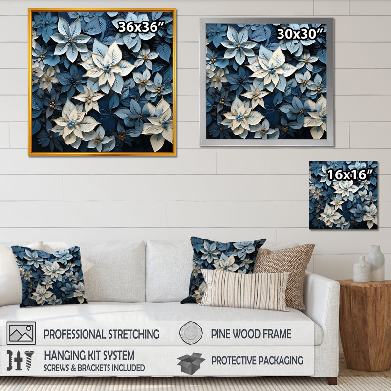 «White and Blue Poinsettias Blooming Brush», reproduction sur toile, H 30 po x l 30 po x P 1 po, Cadre doré simple