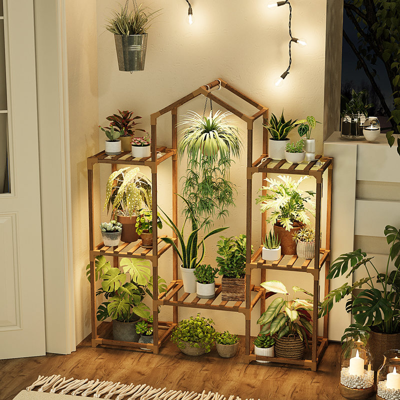 Support pour plante d'intérieur en bois avec lumières de culture, étagère à fleurs suspendue, support à fleurs pour le salon, le patio et le jardin