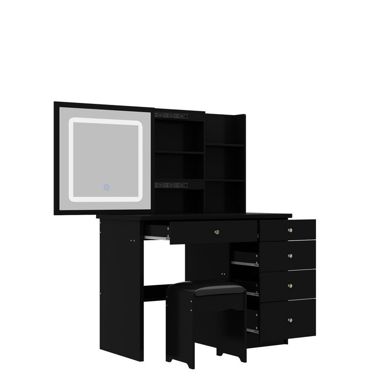 Ensemble de coiffeuse avec tabouret et miroir DEL de 39,4 po de largeur Awilda, Noir