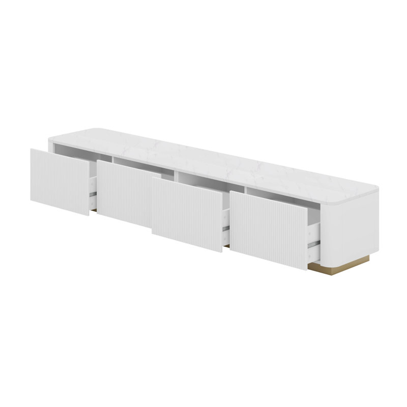 Modern Fluted TV Stand - Faux Marble Tabletop Media Console With 4 Drawers, Curved Design, Gold Base, White