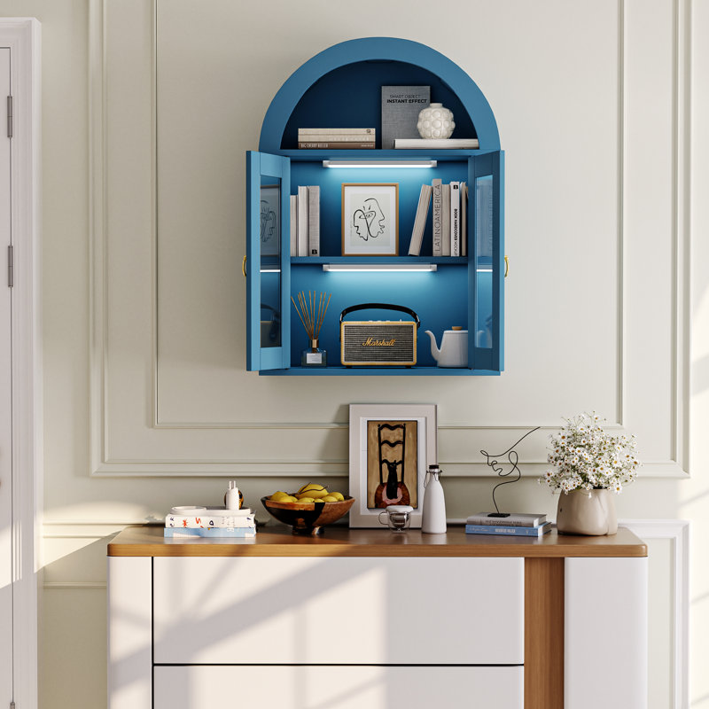 Modern Arched Wall Cabinet With Adjustable Shelves And LED Lighting For Bathroom Medicine Storage, Blue
