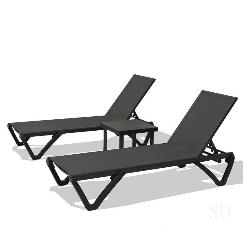 Adjustable Pool Lounge Chairs Set Of 2 With Side Table, Weather-Resistant Textilene And Aluminum Frame For Outdoor Comfort