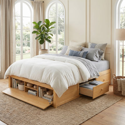 Queen Size Platform Bed Frame With 4 Storage Drawers And Hydraulic Lift Footboard Storage, No Headboard, Modern Space-Saving