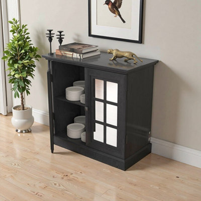 W2899P372748 Buffet de rangement d'appoint noir avec portes en miroir en acrylique, tablette réglable et conception anti-basculement pour la cuisine / salle à manger