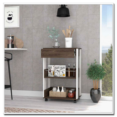 White and Dark Walnut 1-Drawer 2-Shelf Kitchen Cart with Caster