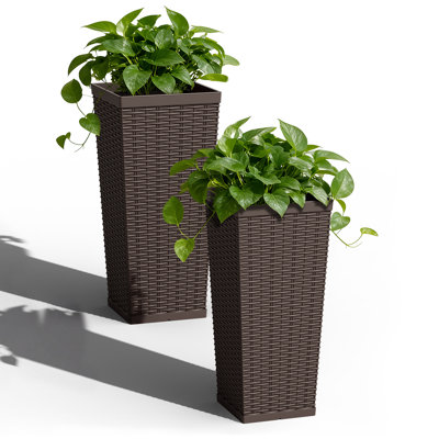 2-piece Premium Imitation Rattan Plastic Planters With Drainage Holes, Tall Planter Pots For Indoor & Outdoor Use