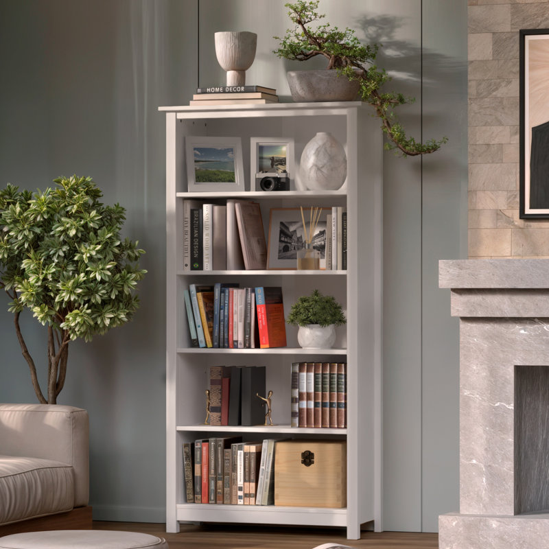Albrecht Bookcase 5 Adjustable Shelf Open Solid Pine Wood - Living Room, Office and Room by Red Barrel Studio, White