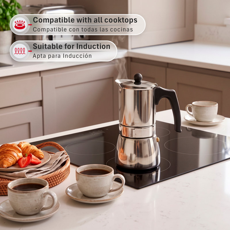Magefesa Genova 10-Cup Moka Pot Stovetop Espresso Maker, 18/10 Stainless Steel Italian Greca Coffee Maker & Espresso Brewer for Induction Cooktops