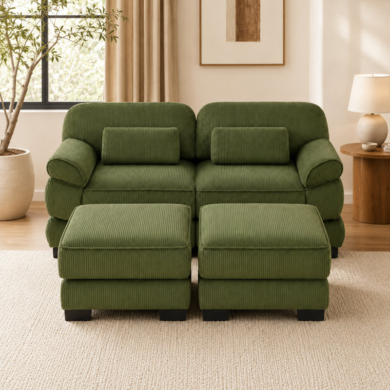 Canapé modulaire réversible en velours côtelé avec repose-pieds et dossier réglable de 76,4 po Lunvella, Green