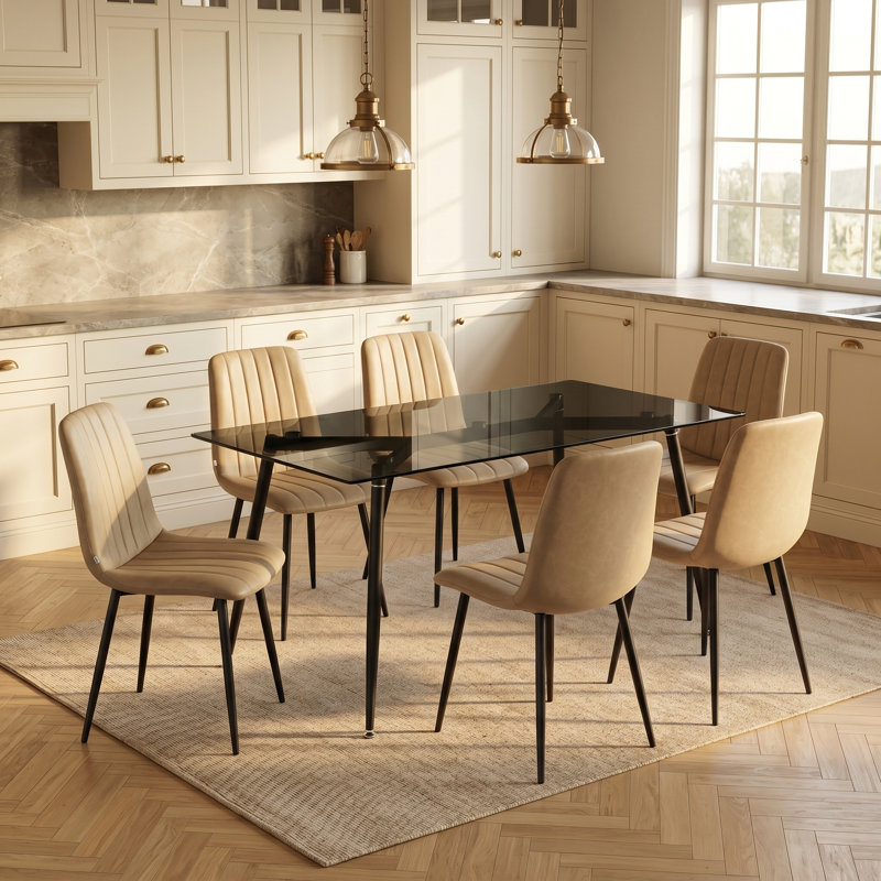 59.1" Rectangular Glass Table And Six PU Leather Dining Chairs For Kitchen, Dining Room, Living Room