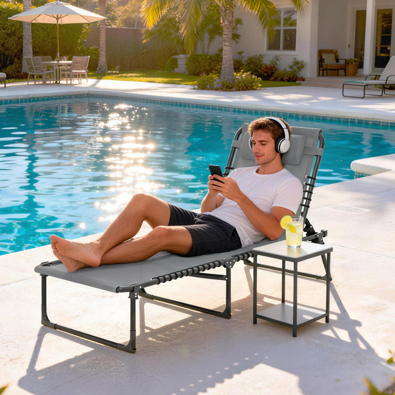 Chaise longue pliante, méridienne avec appui-tête, gris clair