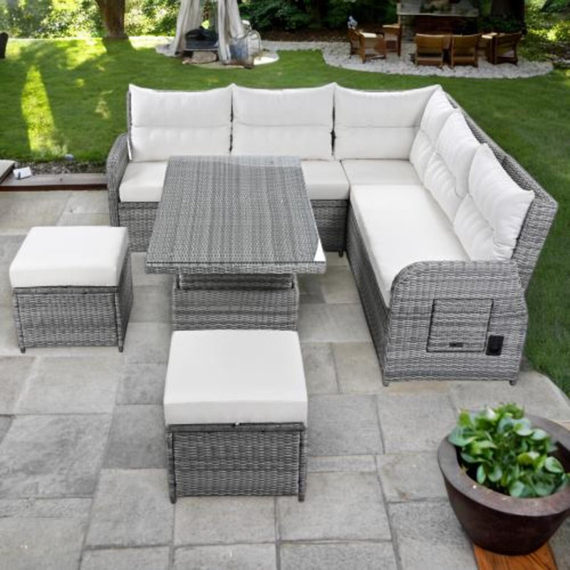 Outdoor Recliner Sofa Set With Adjustable Table, Built-In Side Tables,And Movable Ottomans, Waterproof Cushions, Sturdy Rattan Frame For Patio, Garden, Or Balcony