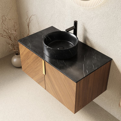 36" Bathroom Vanity, Black Sintered Stone Counter, Round Ceramic Basin, Brown Oak Grain Finish, Double-Door Cabinet, Soft Close System