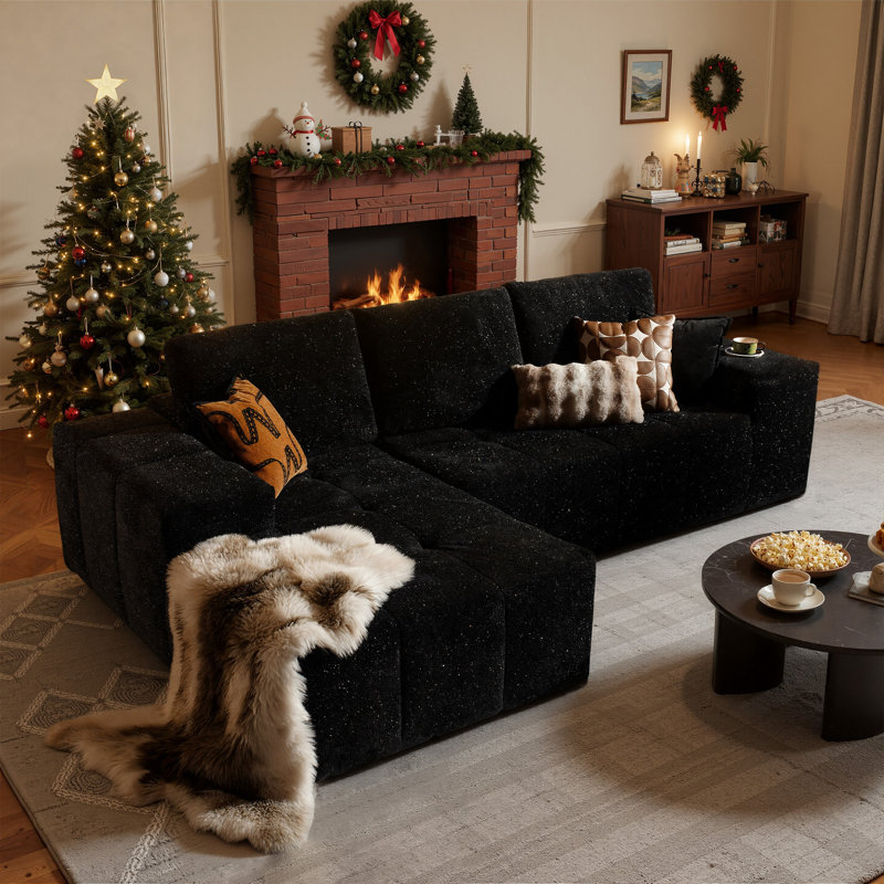 114'' L-Shaped Cloud Sectional Sofa with Chaise, Black Polyester