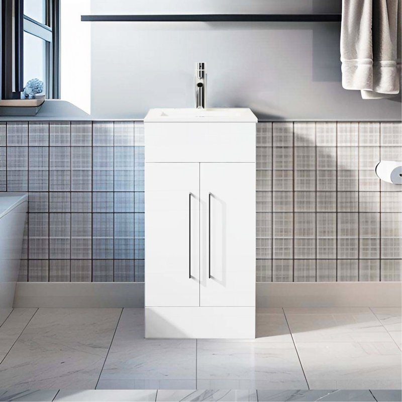 Petit meuble-lavabo simple 16 po, meuble de salle de bain autoportant moderne avec lavabo encastré blanc, armoire de rangement en bois 2 portes, blanc