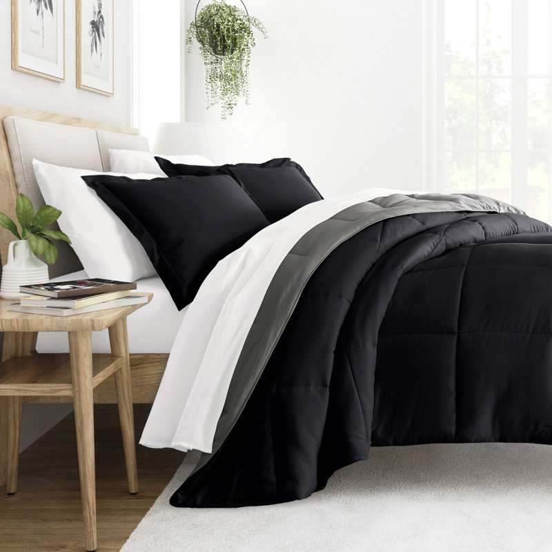 Full Black and Fog Reversible Down Alternative Comforter Set