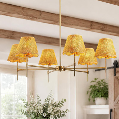 Farmhouse Rustic Rattan Chandelier 6 Light 37.4 in Boho Gold Light Fixture with Hand-Woven Rattan Shades for Dining Room Living Room Bedroom