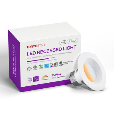 Luminaire encastré à DEL Core de 6 po à intensité variable (blanc chaud/blanc chaud), diffuseur profond anti-éblouissement, température de couleur réglable de 2 700 K à 5 000 K, 1 200 lm, 15 W, IRC 90+, étanche à l'air (norme IC), résistant à l'humidité, certifié ETL, blanc