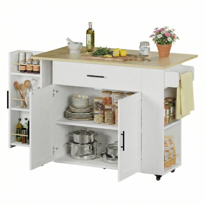 47.2" W Rolling Kitchen Island With Drawer And Cabinets, Kitchen Cart With Drop Leaf, Lockable Wheels And Towel Rack, Island For Kitchen, Dining Room