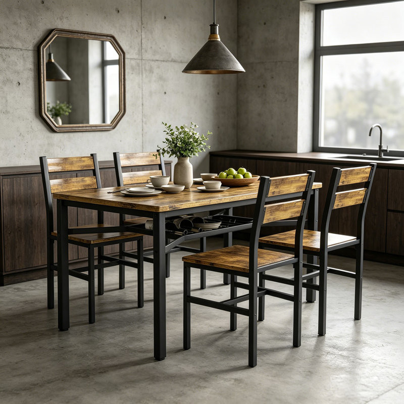 Modern Farmhouse Style 5-Piece Dining Room Table And Chairs Set, Rectangle Small Kitchen Table Set With 4 Chairs And Storage Rack, Particle Board Top And Metal Frame Dinette Set For 4, Space-Saving Design Bar Table Set