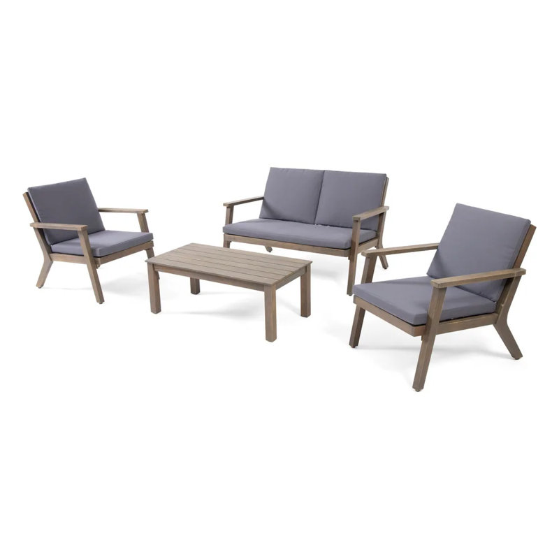 Temecula outdoor acacia wood 4-seater chat set: gray finish with dark gray cushions, loveseat, coffee table & 2 club chairs