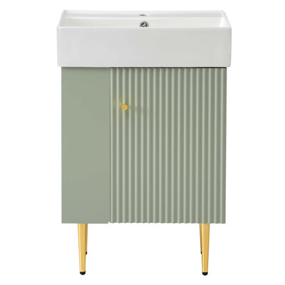 Meuble-lavabo vert 21,6 po, armoire combinée, meuble de rangement pour salle de bain, lavabo simple en céramique, rangement à gauche