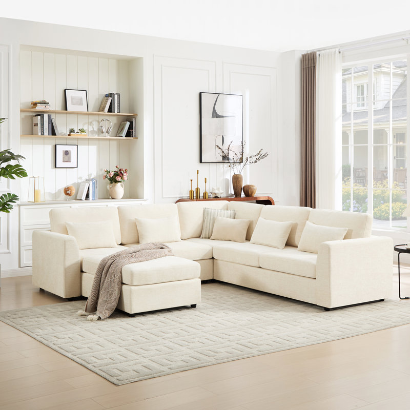 6-Piece Upholstered Sectional Sofa Modern Corner Couch With Ottoman, Beige Polyester Blend