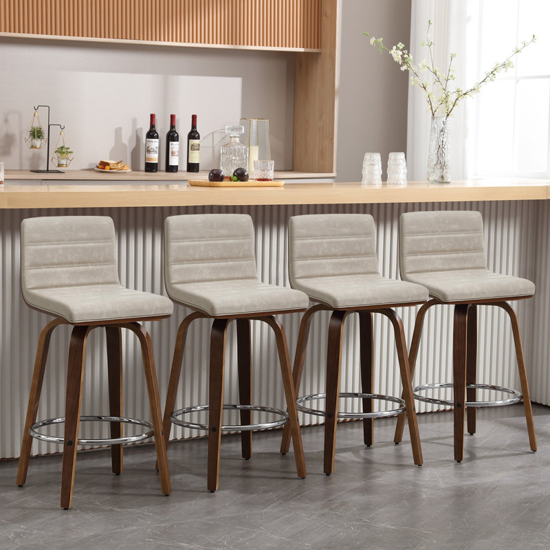 Off-White Upholstered Swivel Counter Stools with Walnut Bentwood Legs