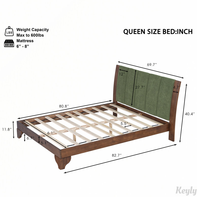 Base de lit en bois de pin de style Mid-Century moderne, Grand, Vert / noyer