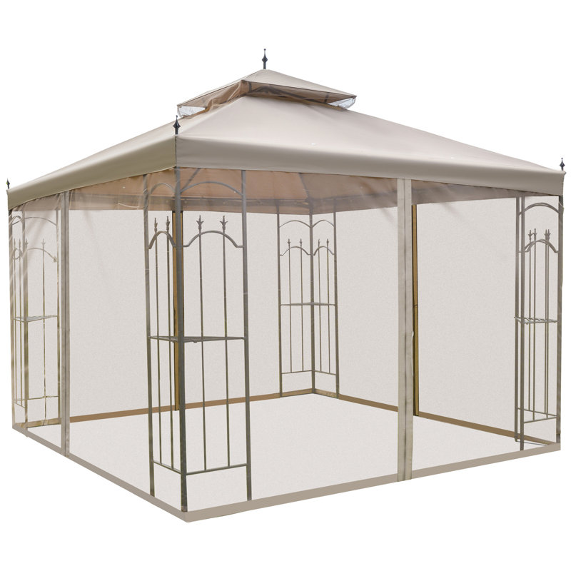 Outsunny Brown Steel Outdoor Patio Gazebo with Mesh Curtains and Shelves