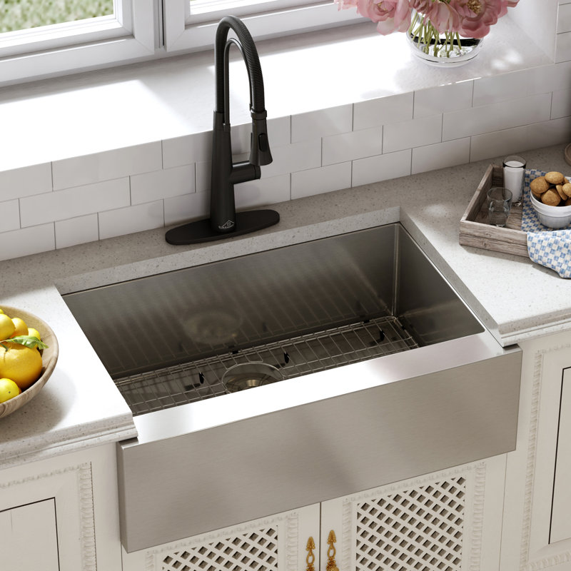 33" L x 22" W Farmhouse Kitchen Sink with Faucet, Stainless Steel Grid, Black