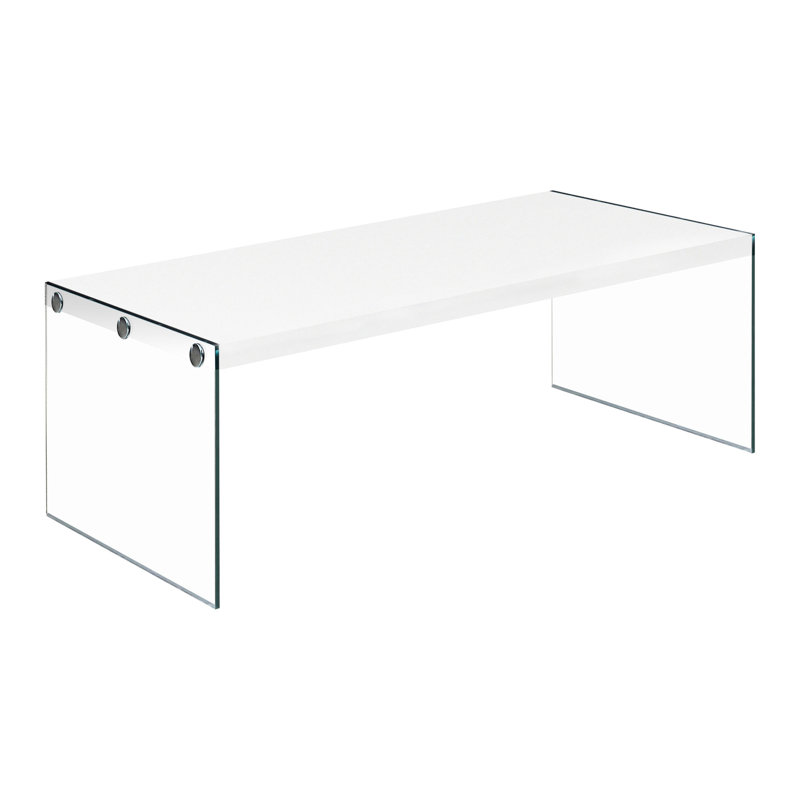 Vaisselle de salon en stratifié blanc brillant, table basse de L 44 po, verre trempé transparent, cocktail moderne rectangulaire, stratifié, verre