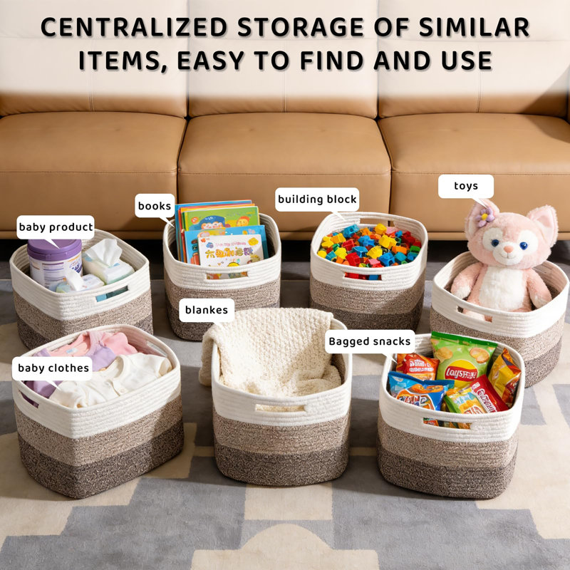 4 Pack 12×9×8 Inch Cotton Rope Storage Baskets with Handles, Woven Organizing Baskets for Toy, Towel, Book and Clothing Storage