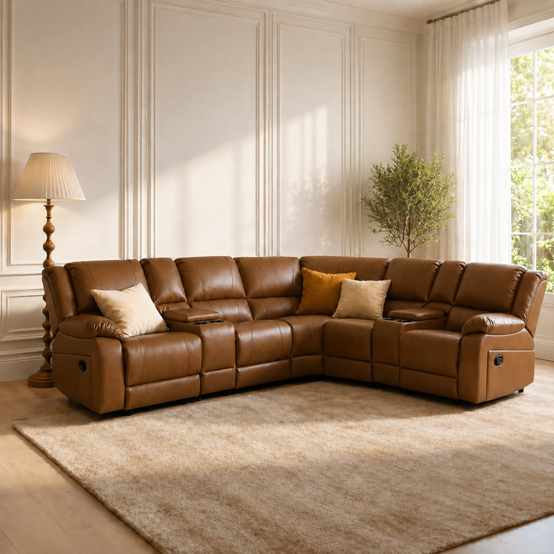 Canapé modulaire réversible inclinable en similicuir 5 places avec 2 consoles et 4 porte-gobelets, Light Brown