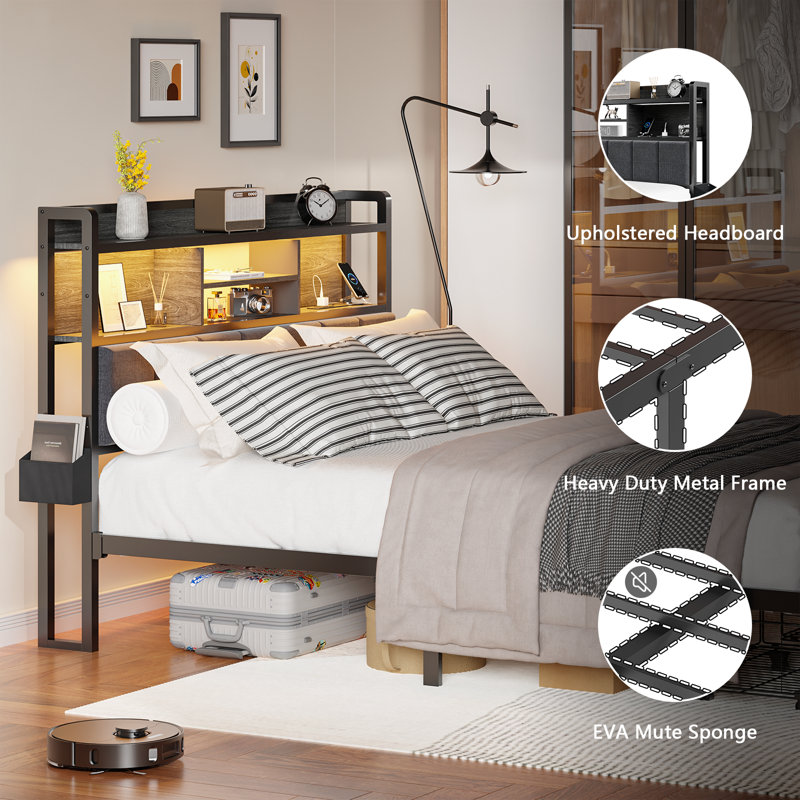 Bed Upholstered Adjustable Height with 3-Tier Shelf, RGB LED Light, Charging Ports, King