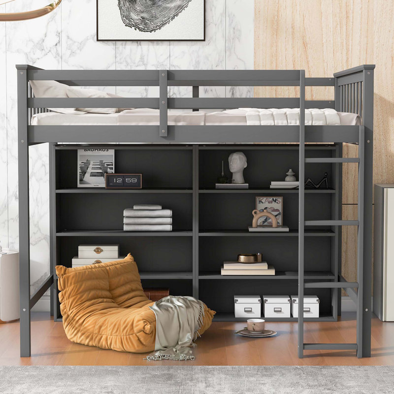 Twin Size Loft Bed with 8 Open Storage Shelves, Built-in Ladder, and Comprehensive Guardrails, Antique Grey