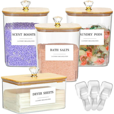 4 Pack Clear Laundry Storage Containers with Lids, Scoops & Labels for Pods Dryer Sheets Detergent