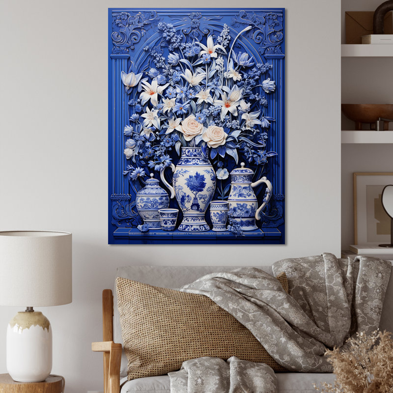 Bleu et blanc Boho Plant Pottery III - Boho Pottery, art mural, Toile tendue, H 32 po x l 16 po x P 1 po