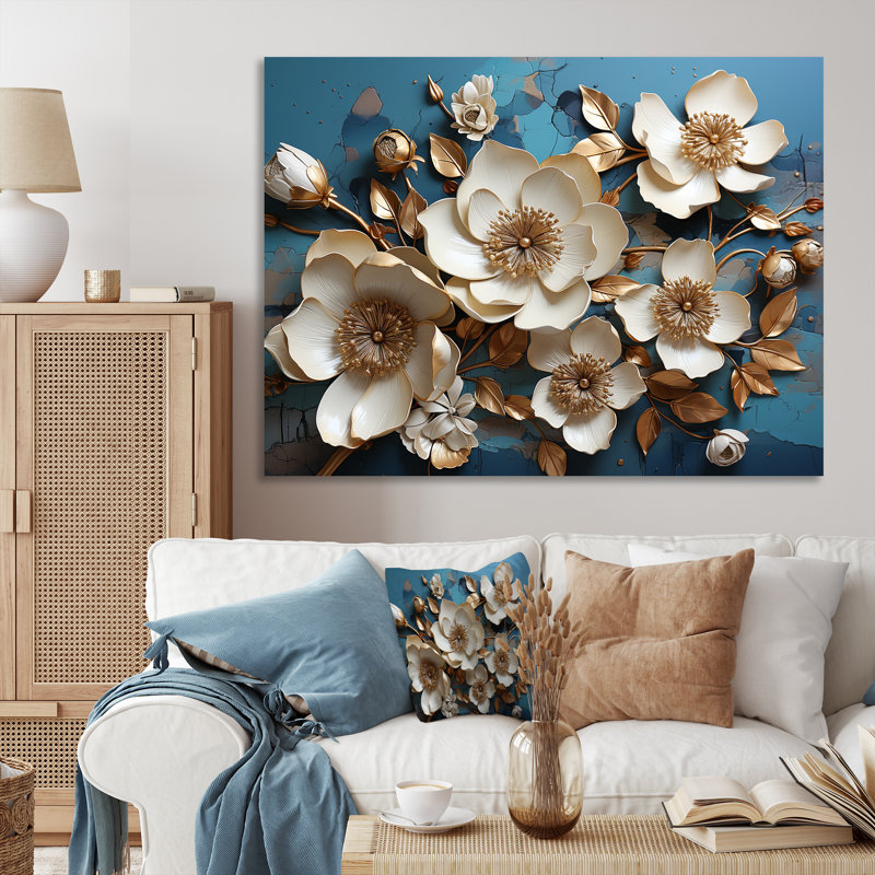 Orchidée dorée blanche et bleue, arbre II - Art mural floral abstrait, Toile tendue, H 34 po x l 44 po x P 1,5 po