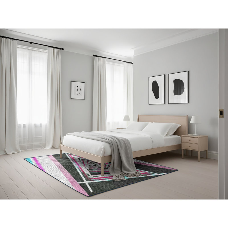 Tapis rose/zone noire à motifs, Rectangle 5 pi x 7 pi