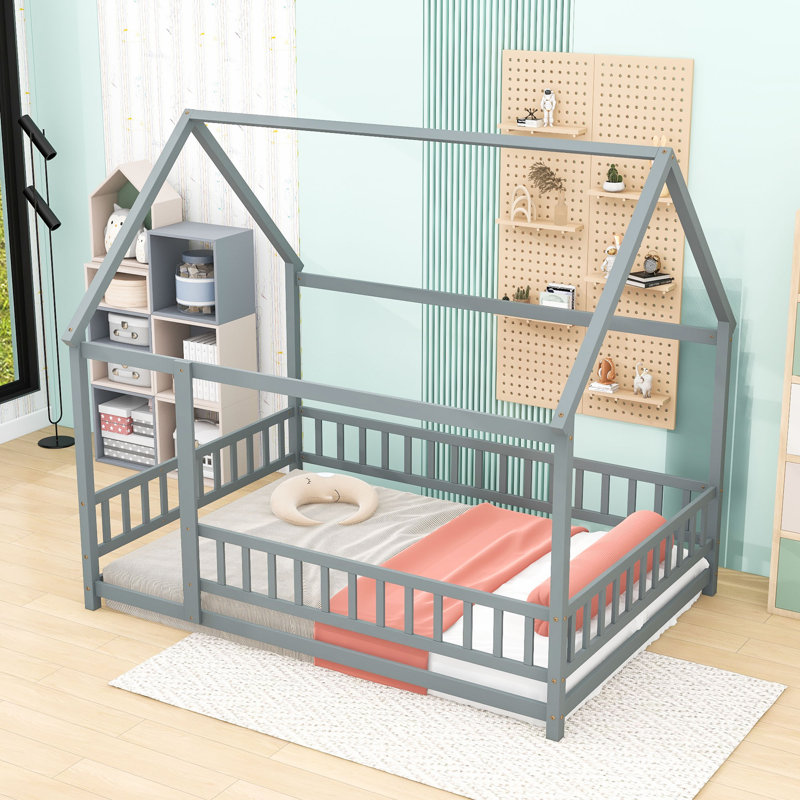 Lit de plancher en bois en forme de maison avec clôture de sécurité et toit, Gris, Double