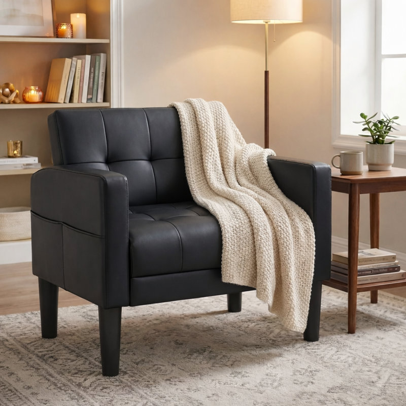 Upholstered Armchair, Leather Black