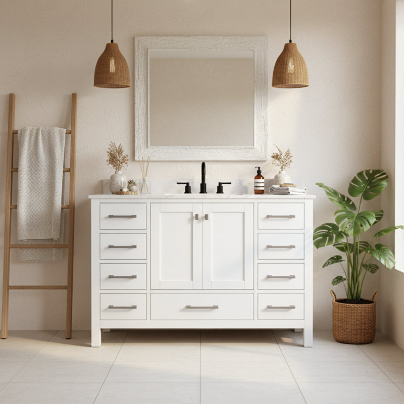 Ensemble de meuble-lavabo simple 48 po avec comptoir, structure en bois massif et 7 tiroirs à fermeture en douceur 48 po