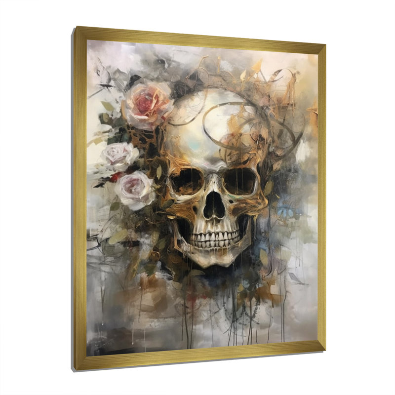 " Skull Blooming Roses ", 20" H x 12" W x 1" D, Gold Picture Framed