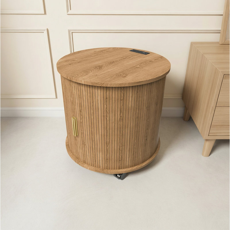 Mid‑Century Cylinder End Tables with Built‑in Charging Station & Sliding Door 