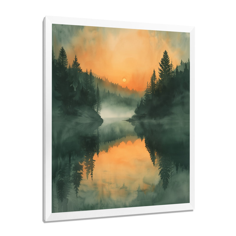 Décoration murale orange, forêt verte, lac au coucher du soleil, Cadre photo blanc, H 20 po x l 12 po